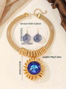 Handmade Exaggerated Multi-Layer Aluminum Wire Woven Bohemian European And American Middle Eastern European Korean Version Evening Party Holiday Women's Chain Necklace Earrings With Artificial Crystal - Blue - View 2