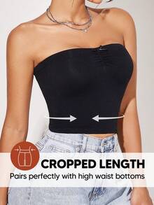 Women Tube Tops Strapless Basic Sleeveless Stretch Classic-Fit Shirts Sexy Crop Tops - Black - View 4