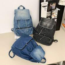 Thickened Denim, Durable And Wear-Resistant, New Style Women's Backpack With Drawstring Closure, Large Capacity, Multiple Pockets, Stylish And Perfect For Travel And Back To School. - Màu xanh bụi bặm - Xem 3
