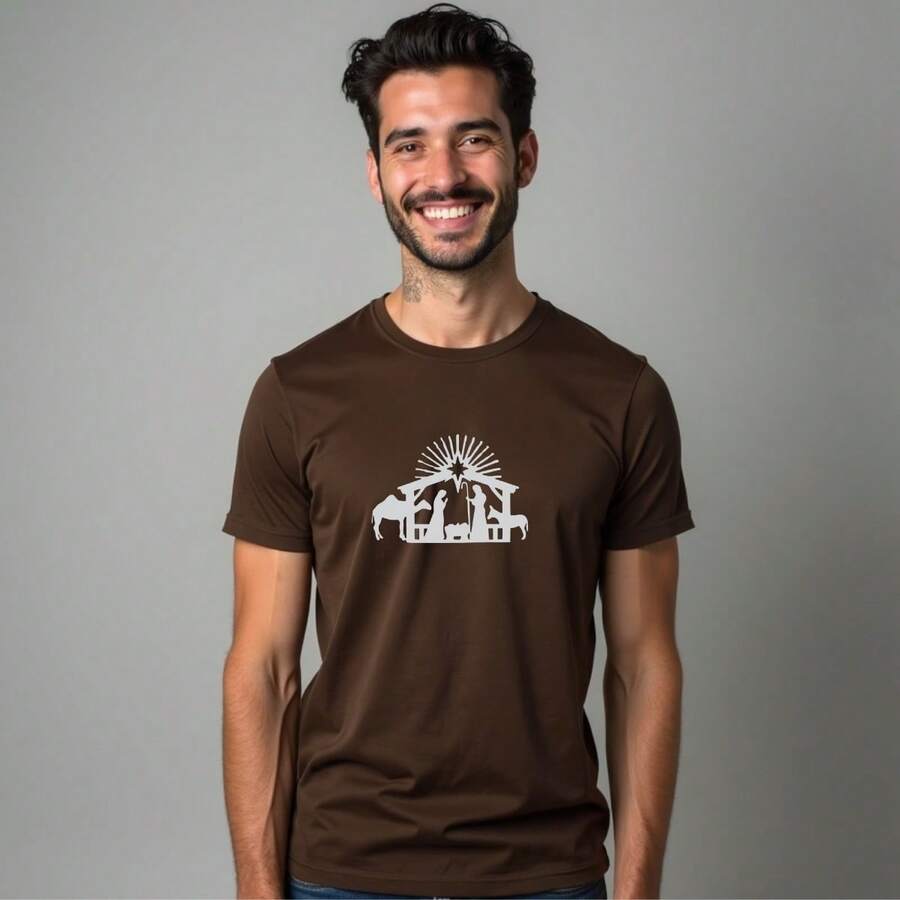 Christmas T-Shirt With Jesus Print, 100% Cotton. - 鏽棕色 - 查看 1