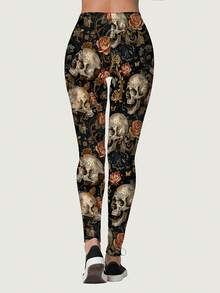 Women'S Gothic Leggings - Stretchy Pants With Dark Floral & Skull Print In Black/Orange/White/, High-Waisted Non-See-Through Leggings For Halloween, Parties, Everyday Outfits - All-Season Gothic Fashion Bottoms, Party Attire, Comfortable Fit, Halloween Outfit, Stretch Fabric, Women - phong cách - Xem 3