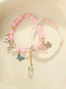 2Pcs/Set Fashionable Diamond-Encrusted Butterfly Four-Leaf Clover Pendant Bracelet, Cartoon Sweet Princess Layered Jewelry Set - one-size - View 3