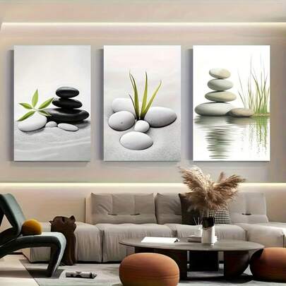 3幅禅意石头与草地帆布墙画套装，极简自然风画，黑白岩石平衡图案，适用于浴室、水疗中心、客厅、瑜伽室墙面装饰，不含画框