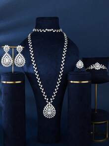 4pcs/Set Silver Cubic Zirconia Pendant Necklace, Earrings, Bracelet, Open Ring Jewelry Set, Elegant & Luxurious Daily Wear For Women - Water Drop Pendant Sweater Chain Four-piece Set - View 2