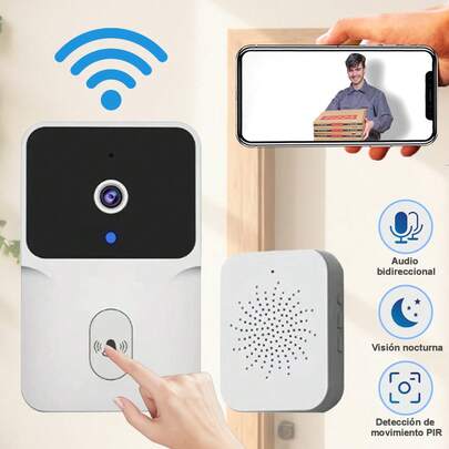 Timbre con video inalámbrico con batería recargable de 400 mAh, 480p, visión nocturna, audio bidireccional, captura de movimiento y cambiador de voz.