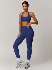 Women's Solid Color Quick-Dry Comfort Seamless Two-Piece Yoga Set, Suitable For Gym And Running Workouts, Women's Fall/Winter Sports Outfit - Màu xanh hải quân - Xem 2