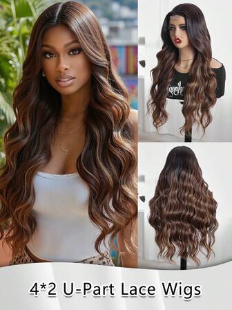 4x2 U型蕾丝假发，多色长款无刘海水波纹假发，26英寸卷曲波浪发型，自然逼真，耐热纤维材质，适合女孩和女士，可作为圣诞装饰、派对礼物，适合所有人佩戴，采用耐高温纤维制成。