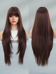 32 Inch Chocolate Brown Straight Layered Wig With Bangs - Soft Heat Resistant Synthetic Wig, Suitable For Women's Daily, Festival, Party, Christmas And Cosplay Occasions - Chocolate Brown - View 4