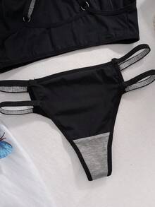 2 件女士蕾丝拼布内衣套装 - 舒适交叉肩带无钢圈文胸和性感内裤套装 - 黑色 - 查看 9