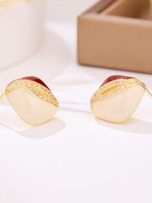 一对简约红色珐琅锆石耳环 - 时尚百搭，适合女性日常佩戴及派对场合 - 紅+白 - 查看 3