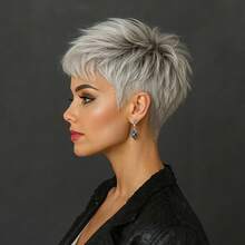 Glueless Grey Color 4-Inch Pixie Cut Human Hair Wig - Brazilian Hair With Bangs, Easy To Wear Cosplay Wig, Straight Layered Look, Ideal For Women's Cosplay & Parties & Date, Hi-POP Music Dancer/Rapper Wear, Cosplay Wig For Christmas, Korean Wave, K-Pop Style , Versatile Styles