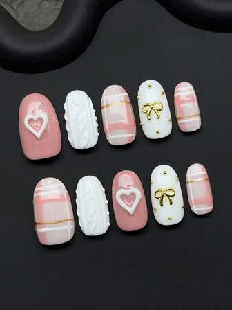 10片/套 手工粘贴式假指甲，短椭圆形指甲，毛衣美甲，蝴蝶结装饰，粉色猫眼美甲，格子图案美甲，适合秋冬季美甲，可拆卸，适合派对、舞蹈、日常佩戴、学生聚会、上班族角色扮演，按压式可重复使用，附赠果冻胶和指甲锉等美甲用品。