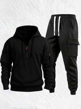 男士休闲半拉链连帽衫和工装裤套装，时尚户外套装，秋季服装