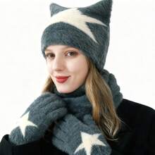 Women Hat Scarf Gloves Set, Soft Warm Cat Ear Beanie Knit Gloves Neck Warmer Fashion Accessories - Dark Grey - View 1