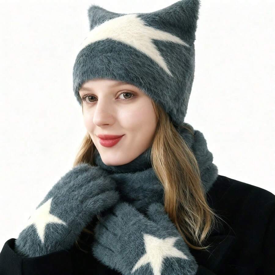 Women Hat Scarf Gloves Set, Soft Warm Cat Ear Beanie Knit Gloves Neck Warmer Fashion Accessories - Dark Grey - View 1