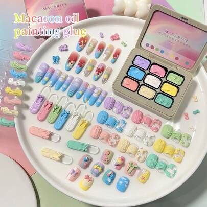 Sơn móng tay 9 màu họa tiết Macaron, sơn gel dập khuôn, lọ màu nhuộm chuyển sắc, sơn gel móng tay bán rắn độ bão hòa cao đang thịnh hành, móng tay salon.