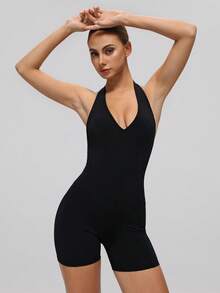 MASKERT 女士露背运动连体裤，适合瑜伽、网球、高尔夫、户外运动、休闲通勤，舒适亲肤，黑色 - 黑色 - 查看 5