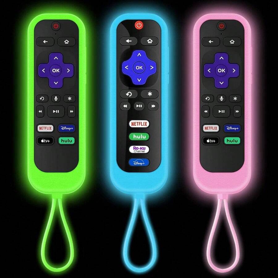 AWYY[3Pack] Climberer Remote Case Cover Compatible With /Hisense Roku TV Sharp Roku TV Roku Express 4K+ Glow In The Dark Makes It Easy To Find - Xanh lá cây phát sáng, xanh lam phát sáng, hồng phát sáng - Xem 1
