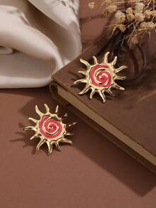 Pendientes con patrón de sol rojo vintage con bordes chapados en oro, pendientes de alta gama con diseño único para mujeres, material de metal. - Multicolor - Ver 7