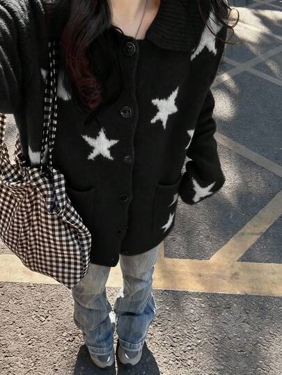 灰色星形图案针织开衫毛衣，女士款，春秋季，韩版休闲风格，高品质（星形位置随机）