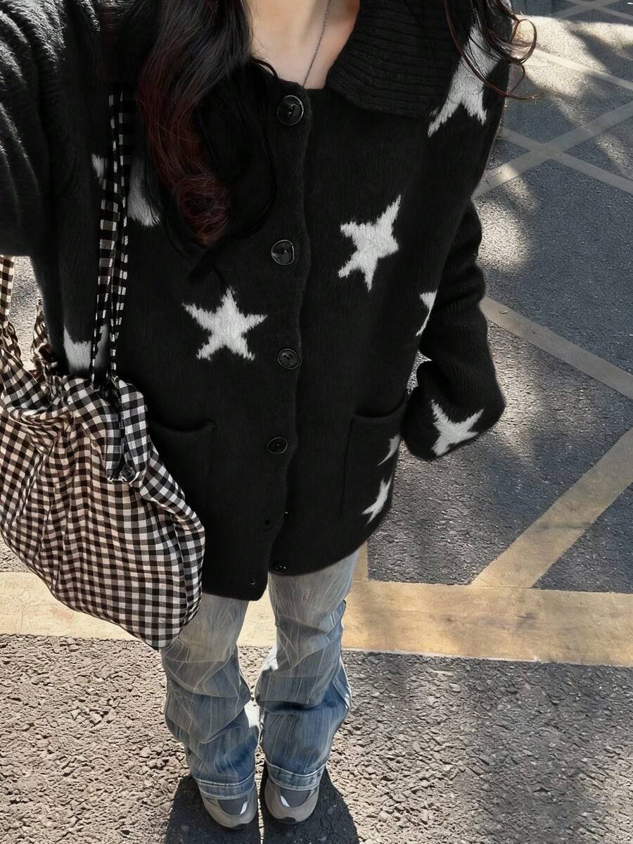 灰色星形图案针织开衫毛衣，女款，春秋季，韩版休闲风，高品质（星形位置随机）黑色 - 黑色 - 查看 1