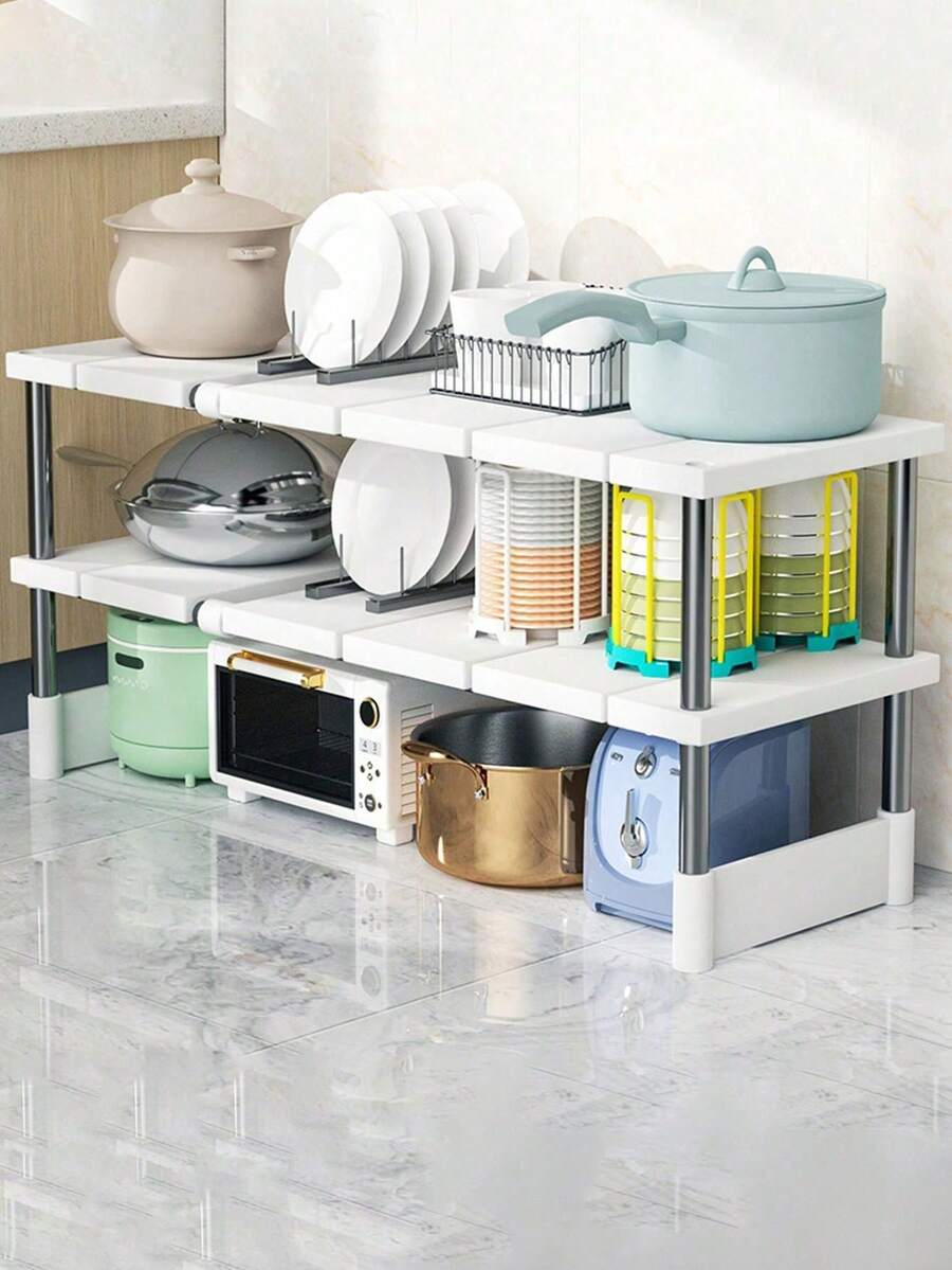 1pc Expandable Under Sink Organizer Rack, 2-Tier Adjustable Shelf For Bathroom, Kitchen Sink Cabinet Storage, Dish Rack, Pot Holder - White - View 1
