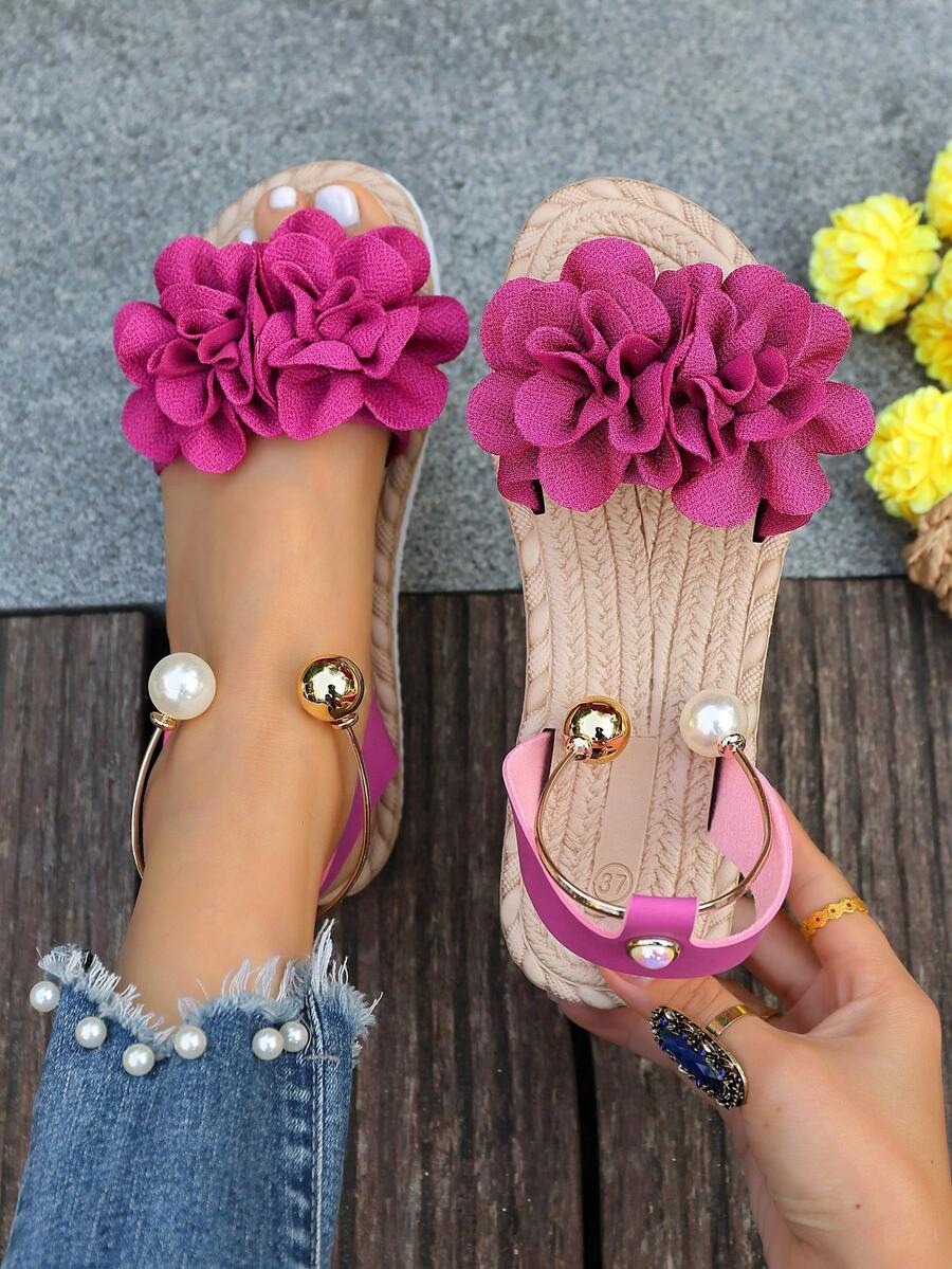 Floral Beach Slip-On Sandals For Women, Sweet Bohemian Style, Versatile For Beach Vacation, Non-Slip Soft Sole