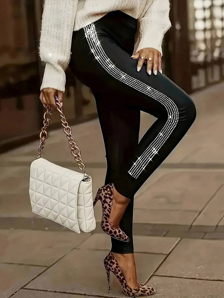 Women's Plus Size Leggings, Stretchy Polyester, Elegant Striped Pattern, All-Season Comfort, Knit Fabric, Fashion Casual Wear - phong cách - Xem 1