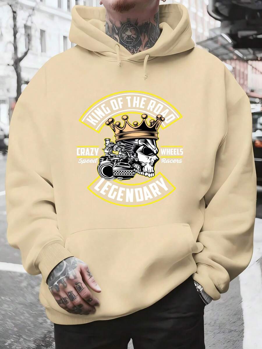 Men's Hooded Sweatshirt, Men's Fashion Black Hoodie With Skull And Crown Print King Of The Road Legendary Crazy Speed Wheels Racers For Daily Use And Social Occasions Winter Spring, Christmas Outfit Ideas, Perfect For Outdoor Activities, Parties, And The Best Gift For Friends. - 杏色 - 查看 1