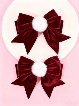 2PCS Cute Velvet Christmas Hair Bows For Women, Burgundy Red Bow Hair Clips Suitable For Daily Winter & Autumn And Holiday Party,Women' Sweet Hair Barrette Accessories,Hair Ribbons For Christmas In Winter, Claw Clips, Hair Slide, Hair Barrettes