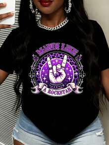 Women Mardi Gras Rockstar Hand Sign Print Round Neck T Shirt Fashion Cotton Casual Top For Party Celebration And Festival Wear - 黑色 - 查看 6