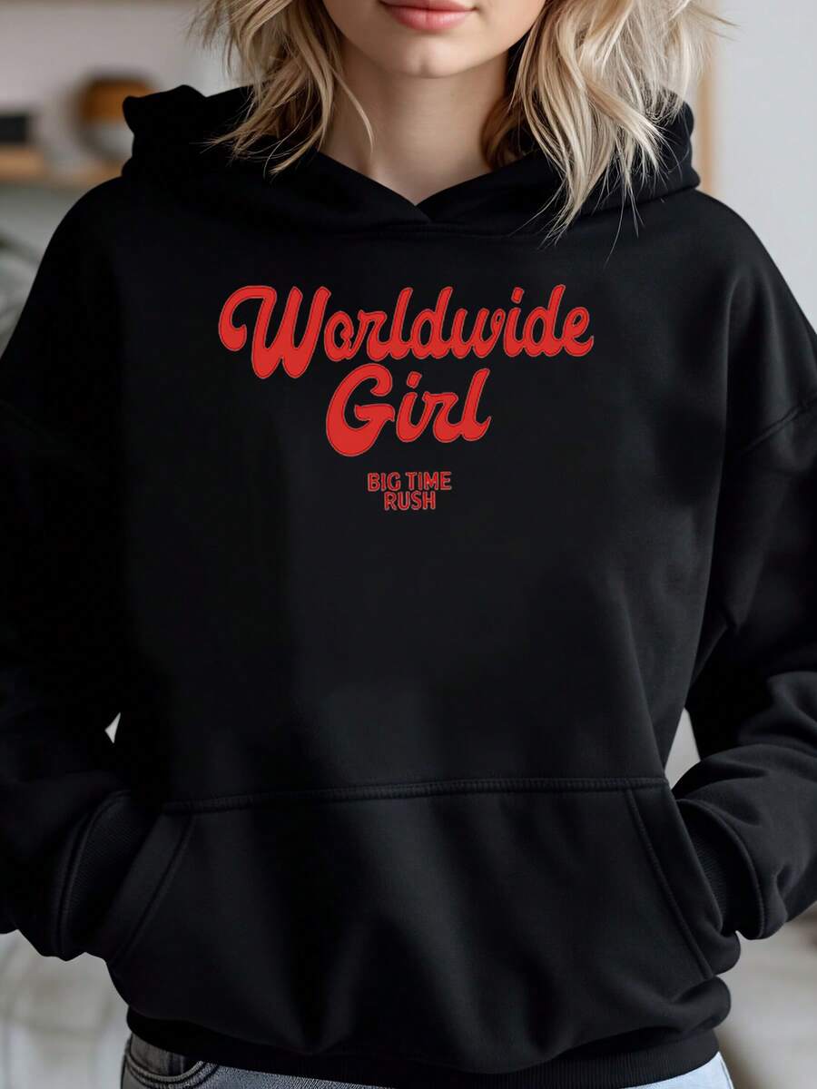 Worldwide Girl Big Time Rush Print Hoodie For Casual Wear Women Fashion Sweatshirt - 黑色 - 查看 1