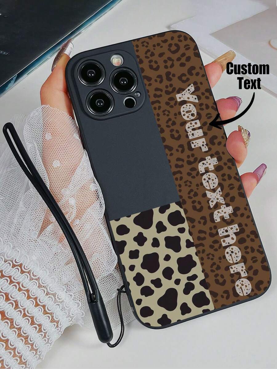 1pc Customizable Black TPU Phone Case With Leopard Print Pattern & 1pc Black Silicone Lanyard, Customized Text Phone Case, Anniversary Gift, Valentine's Day Gift, Birthday Gift, Wedding Gift, Mother's Day Gift, Father's Day Gift, Best Friend Gift, Gift For Mom/Dad, Gift For Boyfriend/Girlfriend, Compatible With Apple/Matching/Lanyard/Funny/Android/ Phone Cases - Multicolor - View 1