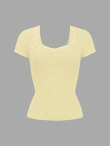 Áo thun nữ GAOVOT kiểu Y2K gợi cảm phối ren, cổ vuông, tay ngắn, thích hợp mặc mùa hè. - Màu vàng - Xem 9