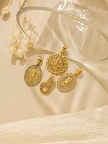 1pc/Pack 304 Stainless Steel Gold-Plated Rhinestone Round Buckle Accessory, Religious Series Necklace Keychain Jewelry Pendant - Gold - View 1