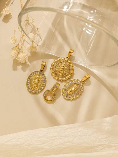 1个/包 304不锈钢镀金水钻圆形扣环配饰，宗教系列项链钥匙扣饰品吊坠