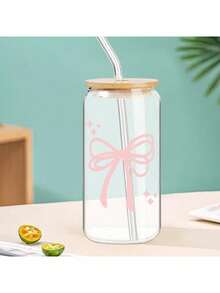 1个16盎司透明咖啡杯，蝴蝶结设计，配有竹制杯盖和吸管，大容量户外旅行便携饮料/果汁杯，适合夏季和冬季，生日/节日派对礼物，圣诞礼物，玻璃水瓶，杯子，冰咖啡杯，可爱单品，伴娘礼物，玻璃杯 - 粉色 - 查看 7