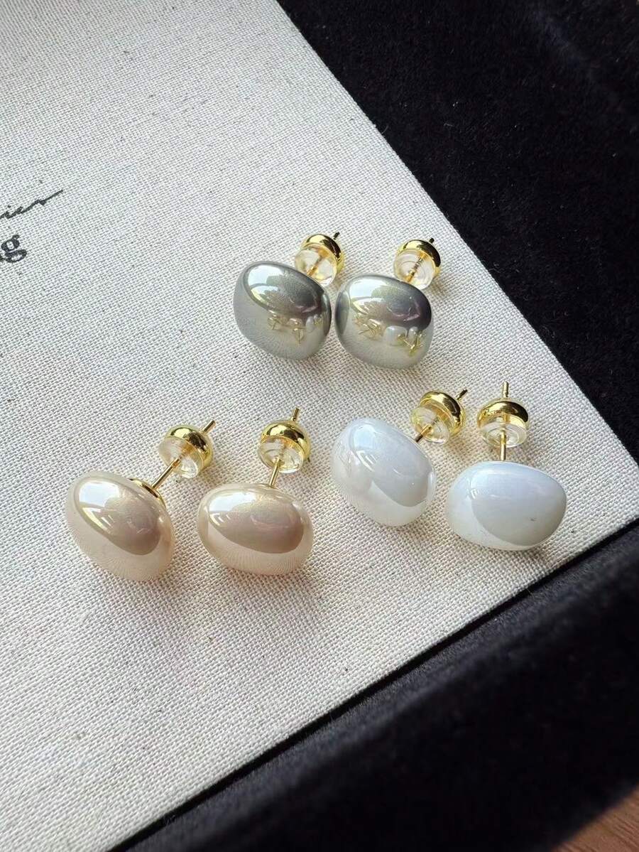 3 Pairs Retro Minimalist Elegant Geometric Square Faux Pearl Stud Earrings, Unique High-End Cute Elegant Earrings Set, Suitable For Women's Daily And Holiday Wear - Multicolor - View 1