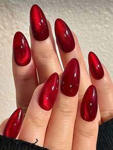 10pcs Instant Nail Art Stickers! Elegant Red Cat Eye Fake Nails, Fashionable Strawberry Red Cat Eye Manicure, Full Coverage False Nails Suitable For Women And Girls. Includes 1pc Jelly Gel And 1pc Nail File. Jelly Gel Strips Shipped Randomly. - Red - View 3
