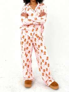 2Pcs Christmas Pajamas Sets For Women Long Sleeve Gingerbread Man Print Fleece Tops With Elastic Waist Pants Sleepwear - 粉色 - 查看 3