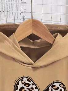 Tween Girl Leopard Print Heart Graphic Hoodie Sweatshirt And Leggings Casual Outfit - Khaki - View 3