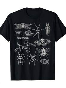 Men'S Casual 100% 180g T-Shirt With White Line Art Insect & Invertebrate Illustrations |   Regular Fit, Crew Neck, Machine Washable, Black Graphic Tee For Daily Wear, Outdoor Travel, Nature Enthusiasts - Black - View 1
