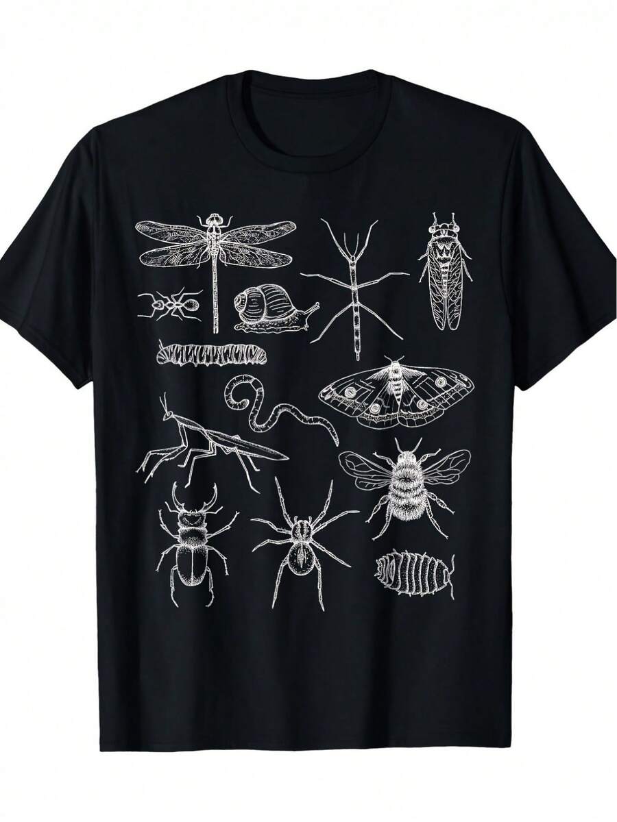 Men'S Casual 100% 180g T-Shirt With White Line Art Insect & Invertebrate Illustrations |   Regular Fit, Crew Neck, Machine Washable, Black Graphic Tee For Daily Wear, Outdoor Travel, Nature Enthusiasts - Black - View 1