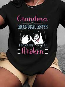 Grandma And Granddaughter A Bond That Cant Be Broken Text And Print Pattern Women Plus Size T Shirt Crew Neck Casual For Everyday Wear Gift 220g - 黑色 - 查看 1