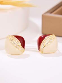 一对简约红色珐琅锆石耳环 - 时尚百搭，适合女性日常佩戴及派对场合 - 紅+白 - 查看 2