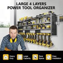 49" W Large Power Tool Organizer Wall Mount, 4 Layer Heavy Duty Metal Tool Storage Rack With 12 Drills Holder, Utility Racks For Garage Workshop, Ideal Garage Organization - 8槽-4層 - 查看 3