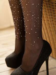 Women's 1-Pair Black Rhinestone Leggings, Stylish Design, Suitable For Daily/Casual/Dating/Work/Parties - Black - View 7