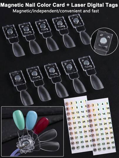 Magnetic Nail Display Color Card Whit Laser Digital Label Set,Professional Transparent Nail Color Display Nail ,Can Be Used Independently,Strong Adsorption,Acrylic False Nail Display Card,DIY Nail Salon Practicing Tool