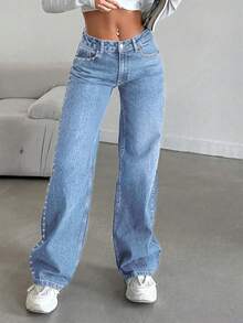 Women's Straight Leg Jeans With Studded Details Mid Rise Non-Stretch Denim Pants - 淺色水洗藍 - 查看 4