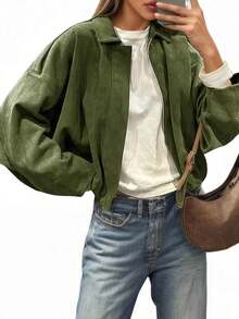 Womens Faux Suede Bomber Jackets Oversized Cropped Zip Up Lapel Coats Fall 2025 Casual Outerwears - Be - Xem 7